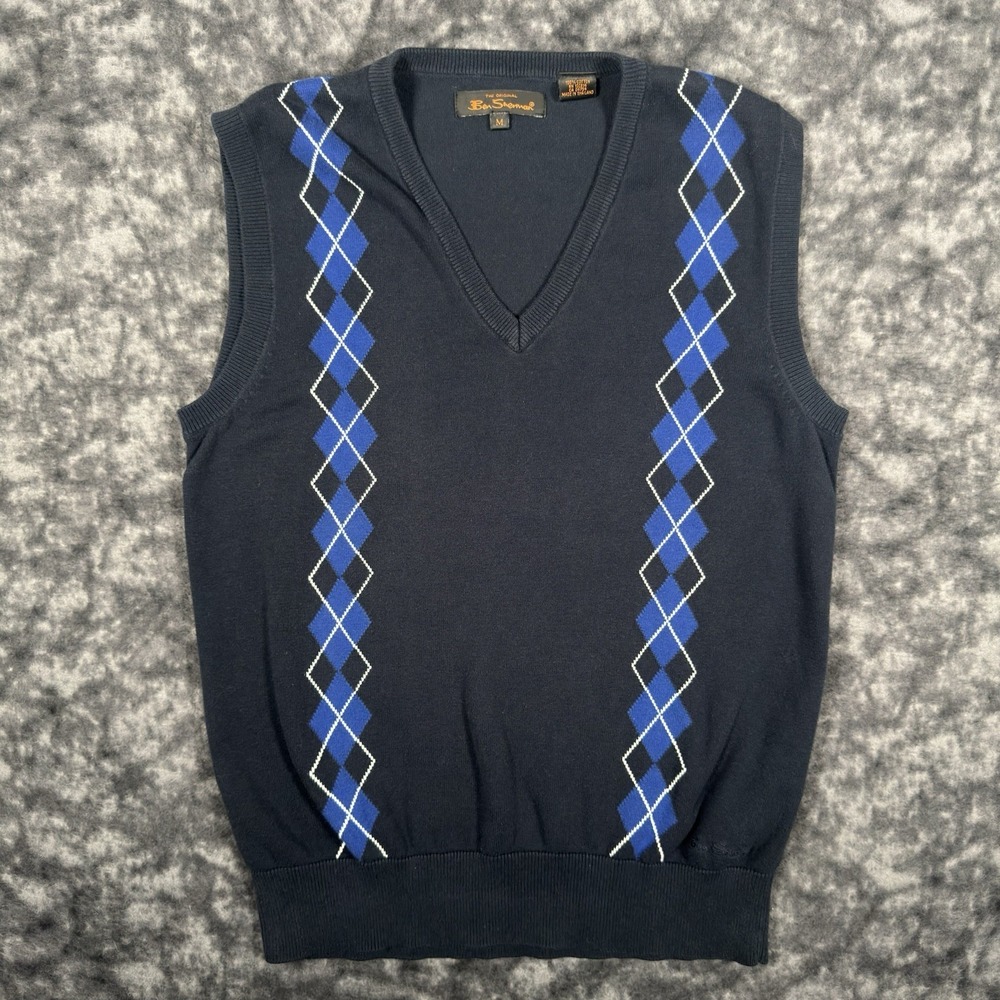 Ben Sherman Mens V Neck Cotton Sweater Vest Blue Argyle Preppy Size M